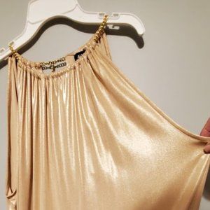 Gold Shimmery top by Allen B, Sz. XL, dressy with gold chain link at neckline.